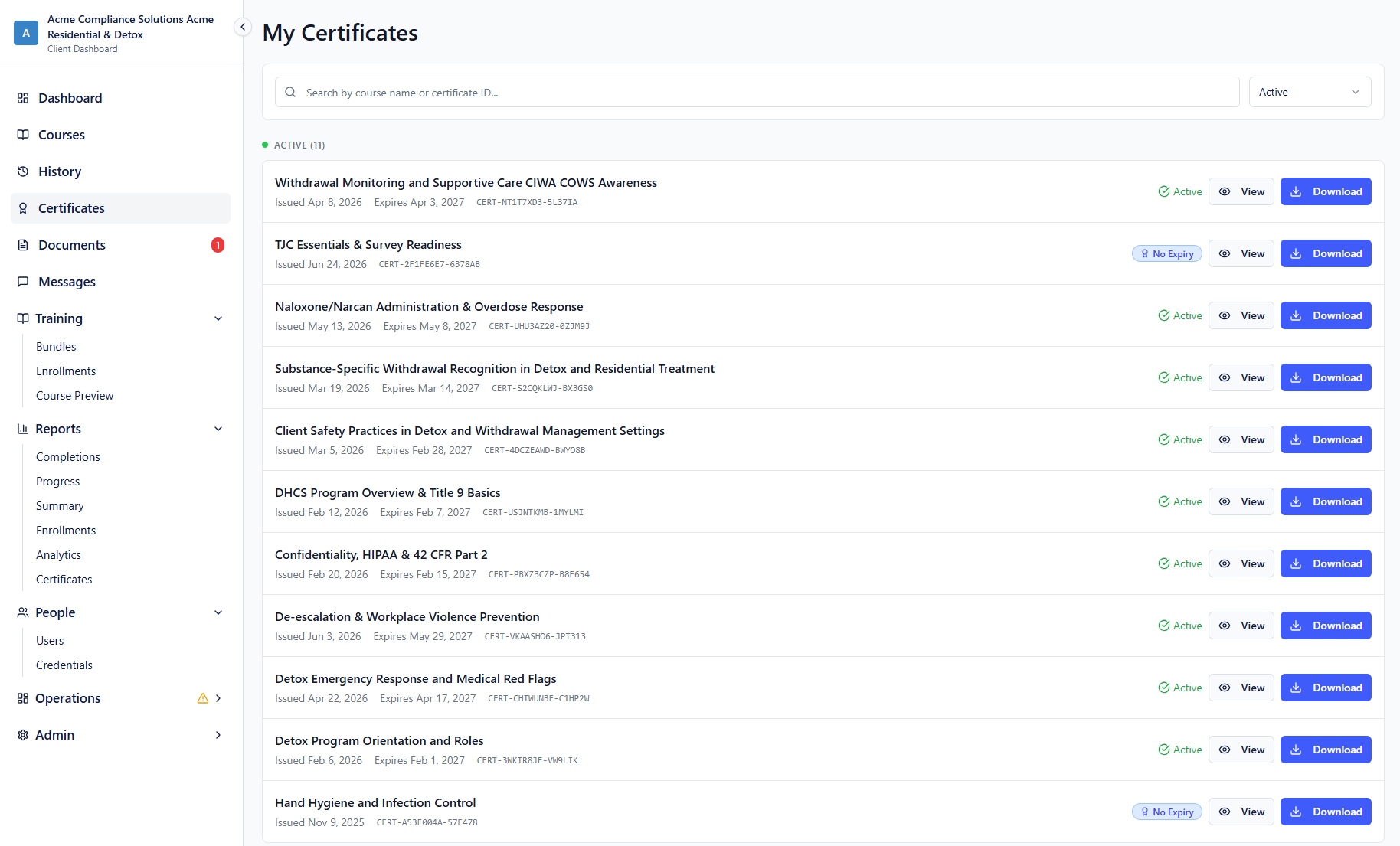 Verifiable in-service completion certificates with issue and expiry dates